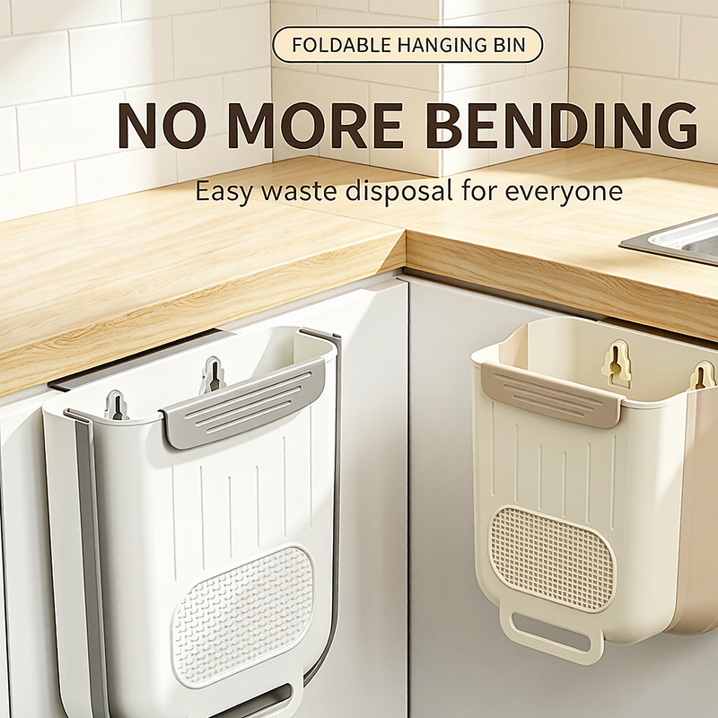 Foldable Hanging Kitchen Trash Can with Double Hooks | Space-Saving Collapsible Waste Bin for Cabinet Doors, Ideal for Food Prep & Scraps | White & Beige