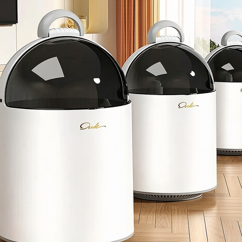 Premium One-Touch Dome Trash Can with Auto-Set Bag System | Elegant White Waste Bin with Carrying Handle & Gold "Dule" Logo for Kitchen, Living Room & Modern Home