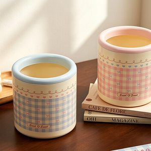 Sweet Gingham Desktop Trash Can with Bow & Heart Patterns | Cute Mini Cylinder Waste Bin for Vanity, Office Desk & Bedroom | Blue & Pink Pastel Decor