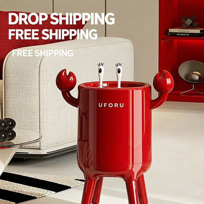Quirky Red Crab-Inspired Tall Trash Can with Googly Eyes & Claws | Funny Glossy Character Waste Bin with Three Legs for Living Room, Playroom & Home Decor