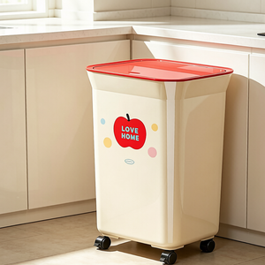 Cream Rectangle Rolling Trash Can with Red Apple "LOVE HOME" Print | Cute Wheeled Waste Bin with Flip Lid for Kitchen, Living Room & Playroom