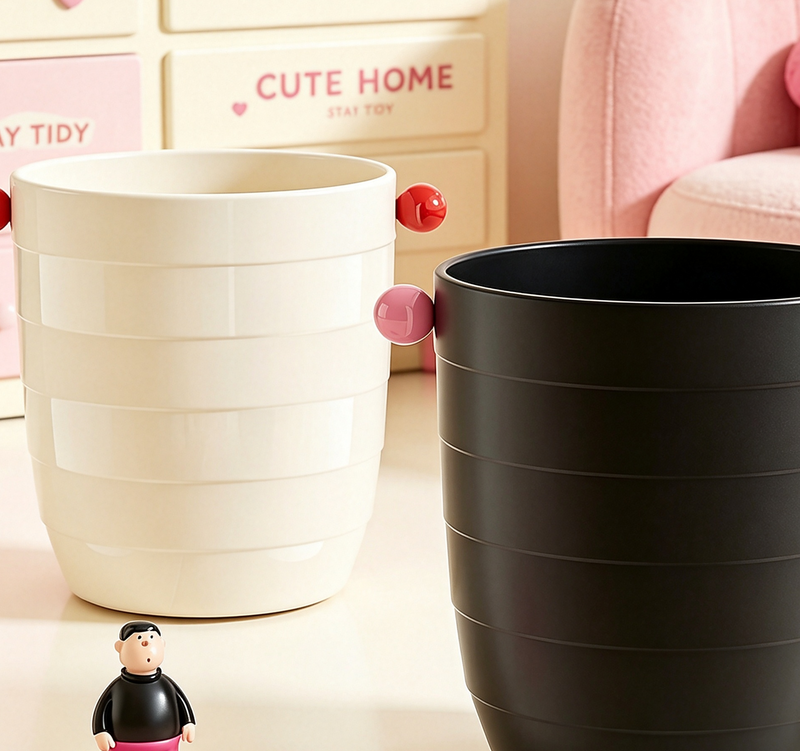Modern Ribbed Round Trash Can with Playful Side Knobs | Stackable Open-Top Waste Bin with Fun Accents for Bedroom, Kids' Room & Living Room | White & Black