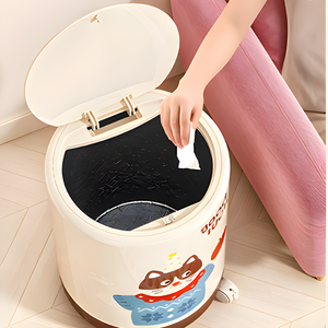 Cute Cartoon Pet Rolling Trash Can with Press-Top Lid | Playful Dog & Cat Themed Waste Bin on Wheels for Kids' Room, Nursery & Living Room | Green & Brown Base