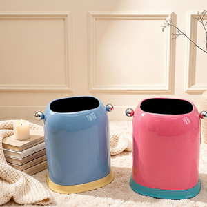 Glossy Dual-Bin Open-Top Trash Can with Silver Ball Handles | Stylish Two-Tone Waste Bin with Concealed Bag System for Vanity, Living Room & Modern Decor | Blue & Pink