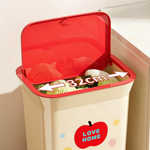 Cream Rectangle Rolling Trash Can with Red Apple "LOVE HOME" Print | Cute Wheeled Waste Bin with Flip Lid for Kitchen, Living Room & Playroom