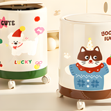Cute Cartoon Pet Rolling Trash Can with Press-Top Lid | Playful Dog & Cat Themed Waste Bin on Wheels for Kids' Room, Nursery & Living Room | Green & Brown Base